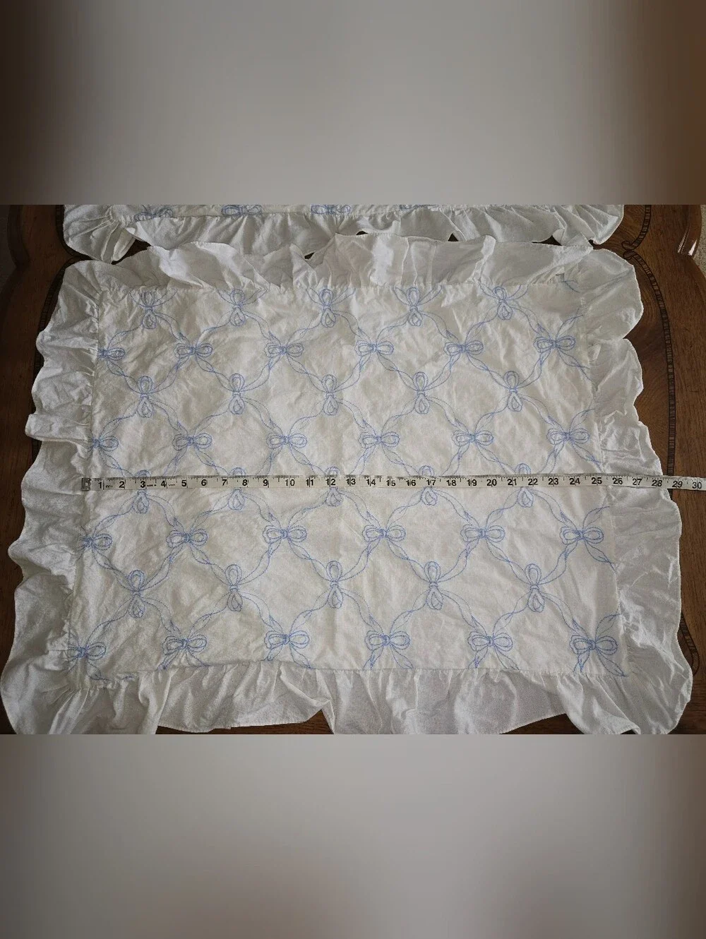 Vintage Hand Embroidered Light Blue Bow Pillow Shams, Set of 2, Fits Standard